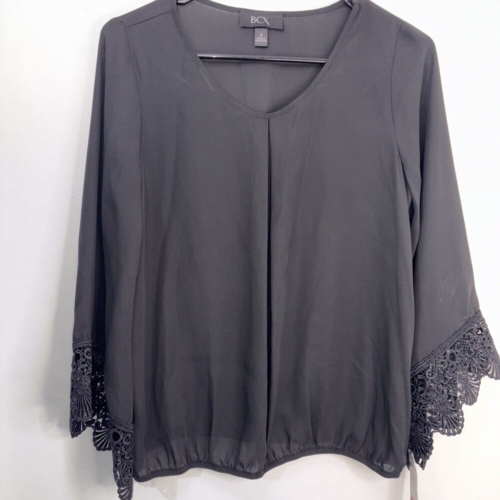 BCX Blouse - Blk Sheer Lace Belled Sleeves Stunning Blouse Small New With Tags